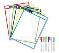 Kopinma Reusable Dry Erase Pockets A4, Dry Erase File Paper Holders with 6 Erase Pens, Transparent Write and Wipe Drawing Board Dry Brush Bag, Classroom Essentials for Teachers Kids(6Pcs)