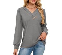 Kopinma Women's Long Sleeve Tunic Tops Casual V Neck Shirts for Leggings Fall Button Pullover Blouse Dressy, Grey, S