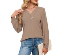 Kopinma Women's Long Sleeve Tunic Tops Casual V Neck Shirts for Leggings Fall Button Pullover Blouse Dressy, Khaki, XXL