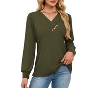 Kopinma Women's Long Sleeve Tunic Tops Casual V Neck Shirts for Leggings Fall Button Pullover Blouse Dressy, Green, S