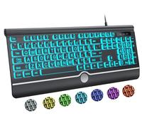 KOPJIPPOM Large Print Backlit Computer Keyboard, USB Full Size Wired Keyboards with 7-Colors Backlight, Wrist Rest, Light Up Keyboard for Windows, PC, Laptop - Easy to See, Easy to Setup