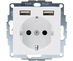 Kopp Athenis 296232080 Protective Contact Socket, 1 Gang with 2 x USB Charging Sockets, 16 A, 250 V~, Output Current of Charging Sockets Max. 2400 mA/5 V, IP20, Arctic White, Matte Surface