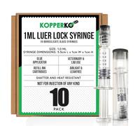 Kopperko Pack of 10 Borosilicate Glass Luer Lock Syringes - 1ml Capacity Reusable Heat Resistant Tube for Laboratories - Use for Thick Liquids, Adhesive, Laboratory, Ink - with 14GA Blunt Tip, Non