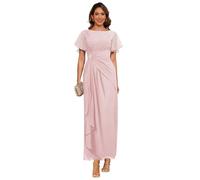 kopptioo A Line Elegant Mother of The Groom Dresses for Wedding Ruched Ruffle Sleeve 2025 Pink Long Scoop Neck Chiffon Formal Evening Dress 22
