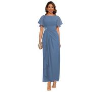kopptioo Long Elegant Mother of The Bride Dress 2025 Chiffon Ruched Ruffle Sleeve A Line Formal Gowns for Women Scoop Neck Steel Blue Evening Dress 16