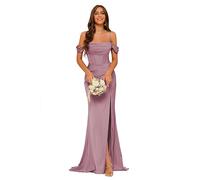 kopptioo Off Shoulder Mermaid Bridesmaid Dress for Women Split Satin Corset Prom Dresses Long Ruched Formal Evening Gowns Wisteria Size UK 6