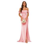 kopptioo Off Shoulder Mermaid Bridesmaid Dress for Women Split Satin Corset Prom Dresses Long Ruched Formal Evening Gowns Pink Size UK 6