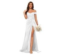kopptioo Off Shoulder Mermaid Wedding Guest Dresses for Women Bridesmaid Draess Fancy Maxi Dress with Split Satin Prom Gowns White UK10