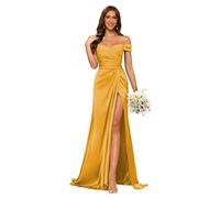 kopptioo Off Shoulder Mermaid Wedding Guest Dresses for Women Bridesmaid Draess Fancy Maxi Dress with Split Satin Prom Gowns Mustard_Yellow UK6