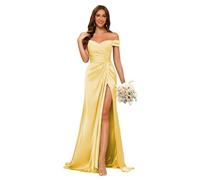 kopptioo Off Shoulder Mermaid Wedding Guest Dresses for Women Bridesmaid Draess Fancy Maxi Dress with Split Satin Prom Gowns Yellow UK12