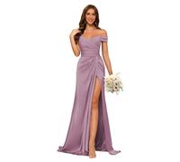 kopptioo Off Shoulder Mermaid Wedding Guest Dresses for Women Bridesmaid Draess Maxi Dress with Split Satin Evening Gowns Wisteria UK12