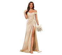kopptioo Off Shoulder Mermaid Wedding Guest Dresses for Women Bridesmaid Draess with Split Fancy Maxi Dress Prom Gowns Satin Champagne UK6
