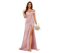 kopptioo Off Shoulder Mermaid Wedding Guest Dresses for Women Maxi Dress Satin Evening Gowns Bridesmaid Draess with Split Dusty_Pink UK18