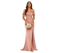 kopptioo Off Shoulder Satin Bridesmaid Dresses Dusty Rose Split Mermaid Corset Prom Dress Long Ruched Formal Evening Gowns Dusty Rose Size UK18