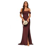 kopptioo Off Shoulder Satin Bridesmaid Dresses for Women with Slit Burgundy Pleated Mermaid Corset Prom Dresses Long Ball Gowns Burgundy Size UK10