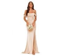 kopptioo Off Shoulder Satin Bridesmaid Dresses for Women with Slit Light Champagne Pleated Mermaid Corset Prom Dresses Long Ball Gowns Light Champagne Size UK10