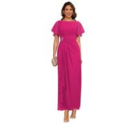 kopptioo Ruffle Sleeve Scoop Neck Mother of The Groom Dresses 2025 Ruched Elegant A Line Chiffon Corset Long Formal Evening Dresses with Pockets Fuchsia 18