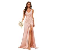kopptioo Wedding Guest Dresses Bridesmaid Dress Satin V Neck Long Formal Gowns with Slit Sleeveless Mermaid Pearl Pink UK16