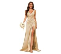 kopptioo Wedding Guest Dresses Bridesmaid Dress Satin V Neck with Slit Mermaid Long Formal Gowns Sleeveless Champagne UK10