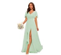 kopptioo Wedding Guest Dresses for Women Bridesmaid Dress Chiffon Formal Evening Gowns Flutter Sleeve Ruched Mint_Green UK12