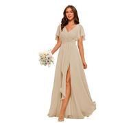 kopptioo Wedding Guest Dresses for Women Bridesmaid Dress Chiffon Formal Ruched Flutter Sleeve Evening Gowns Champagne UK16
