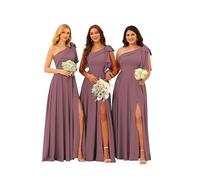 kopptioo Women One Shoulder Bridesmaid Dresses Sleeveless Wedding Guest Dress Satin Bow Maxi Formal Evening Gown with Slit Wisteria UK16