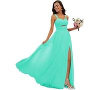 kopptioo Women Spaghetti Straps Bridesmaid Dresses Chiffon Sleeveless Pleats Wedding Guest Dress Maxi Evening Gowns with Slit Turquoise UK8