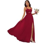 kopptioo Women Spaghetti Straps Bridesmaid Dresses Chiffon Sleeveless Pleats Wedding Guest Dress Maxi Evening Gowns with Slit Wine_Red UK14