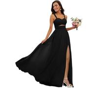 kopptioo Women Spaghetti Straps Bridesmaid Dresses Chiffon Sleeveless Pleats Wedding Guest Dress Maxi Evening Gowns with Slit Black UK12