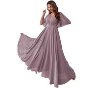 kopptioo Women's Chiffon Wedding Guest Dresses Short Sleeve Ruched Bridesmaid Dress Elegant Maxi Formal Evening Gowns Wisteria UK12