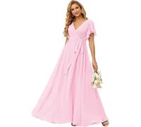 kopptioo Women's Flutter Sleeve Bridesmaid Dresses Long V Neck Chiffon Formal Dress Maxi Evening Gown with Pockets Pink UK22