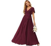 kopptioo Women's Flutter Sleeve Bridesmaid Dresses Long V Neck Chiffon Formal Dress Maxi Evening Gown with Pockets Burgundy UK14
