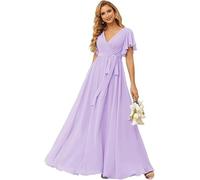 kopptioo Women's Flutter Sleeve Bridesmaid Dresses Long V Neck Chiffon Formal Dress Maxi Evening Gown with Pockets Lilac UK16