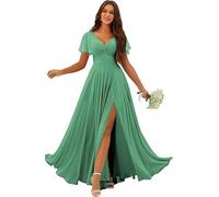 kopptioo Women's Flutter Sleeves Bridesmaid Dresses Long V Neck Ruched Wedding Guest Dress Maxi Evening Gowns with Slit Eucalyptus UK14
