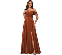 kopptioo Women's Off Shoulder Bridesmaid Dresses Chiffon Sleeveless Pleats Wedding Guest Dress Maxi Evening Gowns with Slit Burnt_Orange UK6