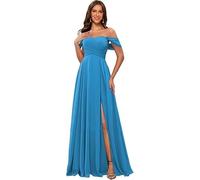 kopptioo Women's Off Shoulder Bridesmaid Dresses Chiffon Sleeveless Pleats Wedding Guest Dress Maxi Evening Gowns with Slit Ocean_Blue UK22