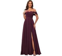 kopptioo Women's Off Shoulder Bridesmaid Dresses Chiffon Sleeveless Pleats Wedding Guest Dress Maxi Evening Gowns with Slit Plum UK26