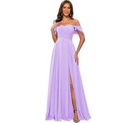kopptioo Women's Off Shoulder Bridesmaid Dresses Chiffon Sleeveless Pleats Wedding Guest Dress Maxi Evening Gowns with Slit Lilac UK14
