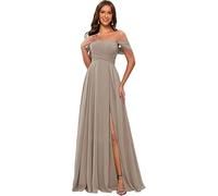 kopptioo Women's Off Shoulder Bridesmaid Dresses Chiffon Sleeveless Pleats Wedding Guest Dress Maxi Evening Gowns with Slit Taupe UK12