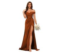 kopptioo Women's Off Shoulder Mermaid Prom Gowns Wedding Guest Dress Satin Bridesmaid Dresses with Split Burnt_Orange UK18