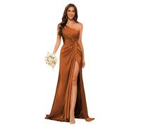 kopptioo Women's One Shoulder Bridesmaid Dresses Long Ruched Sleeveless Wedding Guest Dress Satin Evening Gown with Slit Burnt_Orange UK16