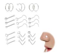 Koprek 24 Pcs 20G 14K Nose Studs Rings Hoop Set, Surgical Stainless Steel Silver Nose Rings, Hypoallergenic L-Shaped Nose Piercings, for Everyday Wear or As Gifts, CZ Nose Piercing Jewelry Unisex