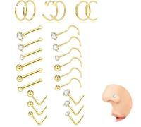 Koprek 24PCS 20G 14K Gold Nose Stud - 316L Surgical Steel, Hypoallergenic, L-Shaped & Corkscrew Nose Ring with 6A Round CZ Gem - Secure & Comfortable Nose Piercing Jewelry