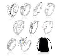 Koprek 9 Pcs Anxiety Ring for Women, Silver Adjustable Fidget Rings for Anxiety, Spinner Fidget Rings for Women Girls Teens, Open Stress Mood Rings Set for Mom Daughter Girlfriend Birthday Gift