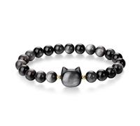 Koprek Cat Black Obsidian Bracelet, Black Cat Bracelet Bead Bracelets Cats Crystal Bracelets, Cats Jewellery Gifts for Man Women Girls, Elastic Band Connection Fit the Wrist, Suitable for Most People