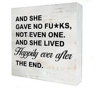 KOPUTE and She Lived Happily Ever After the End Wooden Box Sign with Saying Desk Decor Sarcastic Box Sign Wood Plaque Block Sign Rustic Art Home Decor 7 x 7 Inches