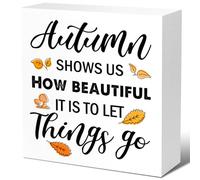 KOPUTE Autumn Desk Decor,Rustic Fall Decor,Autumn Wood Block,Autumn Shows Us How Beautiful It Is to Let Things Go Wooden Box Sign,Farmhouse Fall Decor for Home Office 7 x 7 Inches