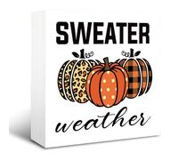 KOPUTE Autumn Wood Sign, Pumpkin Decor, Rustic Box Sign Decor Tabletop, Fall Autumn Decor Art, Pumpkin Harvest Decoration for the Home, Living Room Bedroom Decor, Sweater Weather Sign 7 x 7 Inches