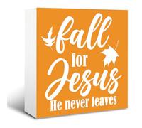 KOPUTE Autumn Wood Sign, Rustic Box Sign Decor Tabletop, Fall Decoration, Autumn Leaves Decor, Thanksgiving Decor, Home Decor for Leaving Room, Fall for Jesus He Never Leaves Sign 7 x 7 Inches