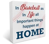 KOPUTE Baseball Saying Decorative Wooden Box Sign in Baseball as in Life Important Things Happen at Home Wood Block Plaque Decor Home or Wall Display 5 x 5 Inches